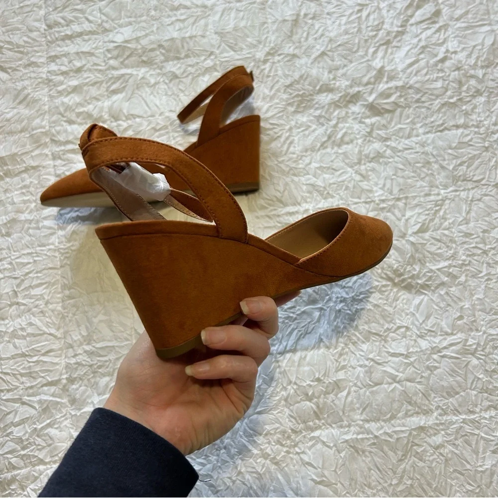 LOFT Cognac Suede Pointed-Toe Wedge Heels